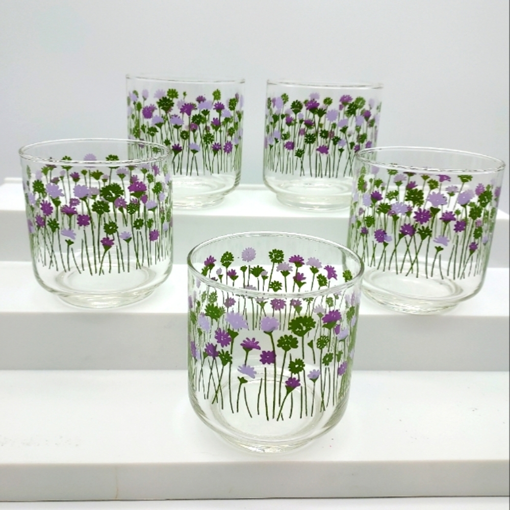 Libbey Purple and Green Floral Design 5 Juice Tumblers